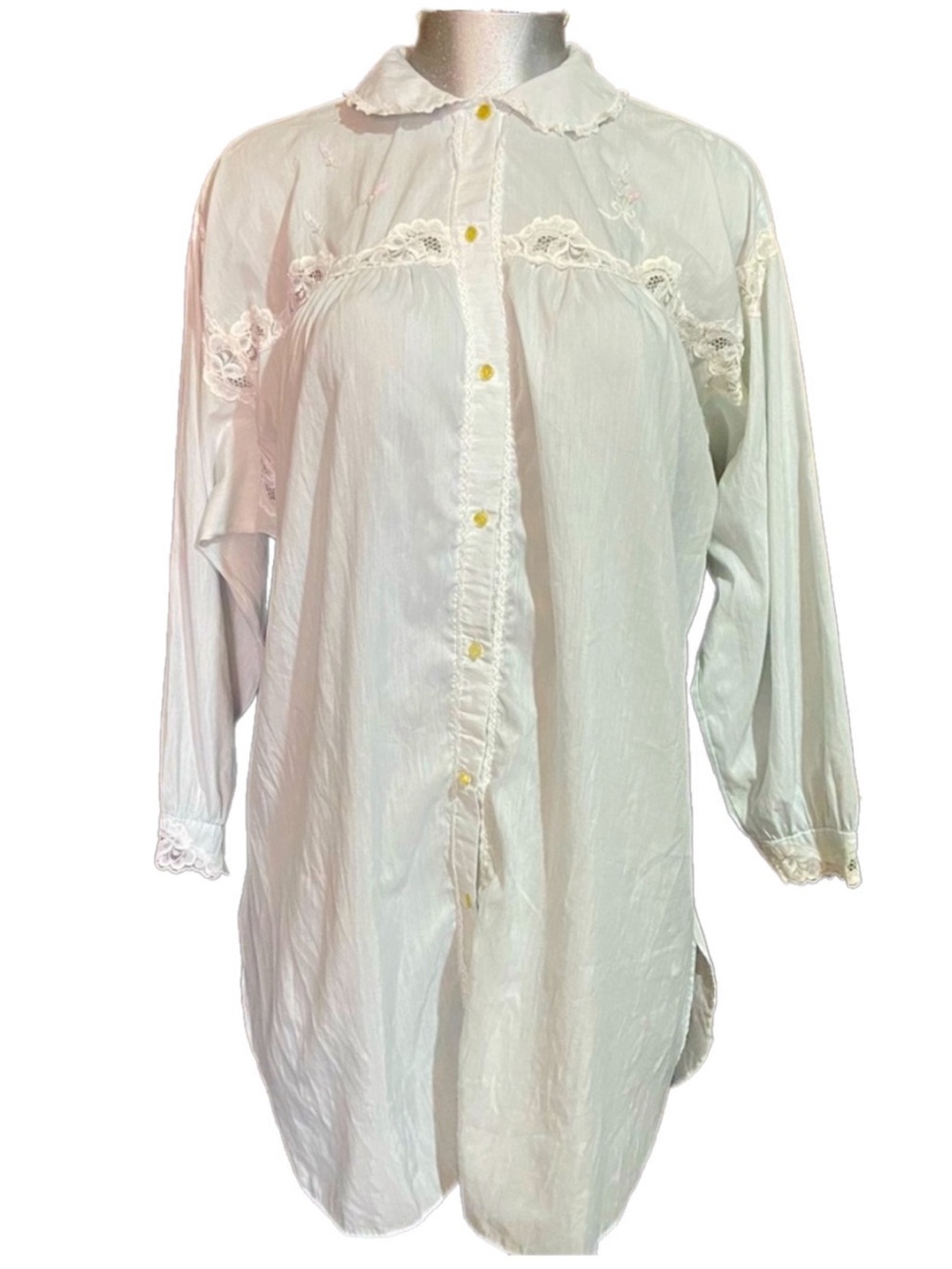 Barbizon Vintage Edwardian White Button-Down Nightshirt Nightgown Long Shirt L